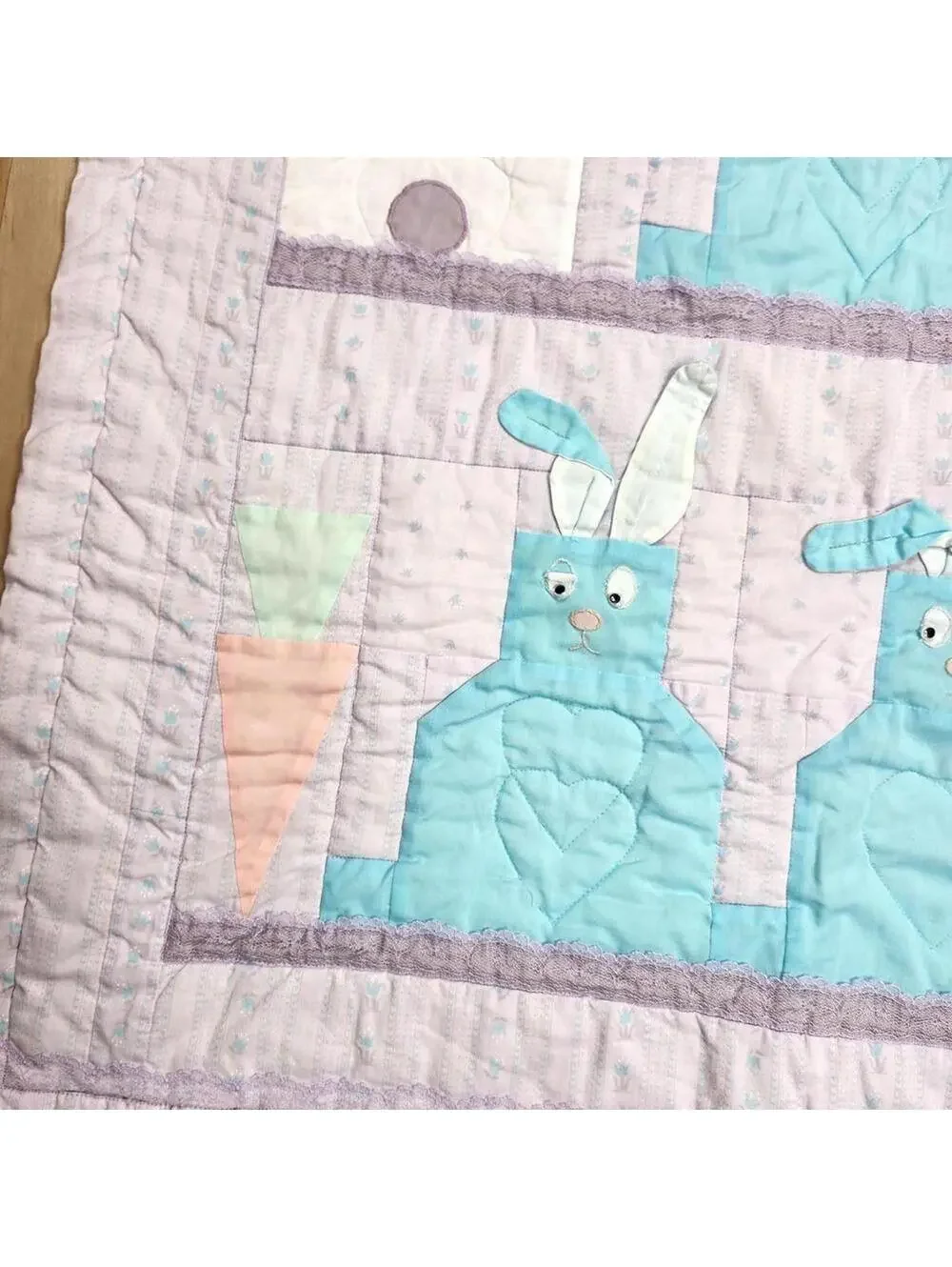 Handmade Baby Quilt with Bunny Pattern Blanket in Blue, White and Lavender
